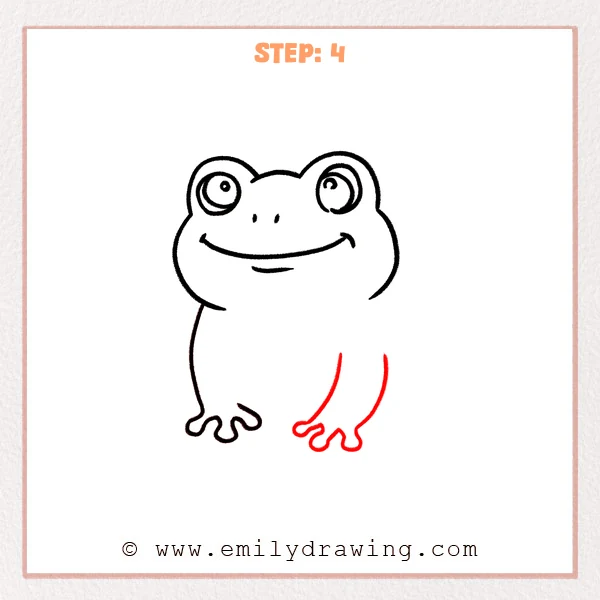 how to draw a cartoon frog - A cartoon frog with a complete rounded body outline and a second three-toe front foot added on the right.
